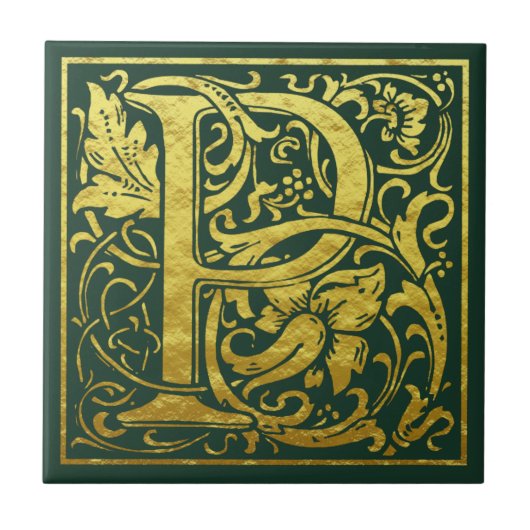 Letter P First Letter Faux Gold Celtic Green Tegeltje (Voorkant)