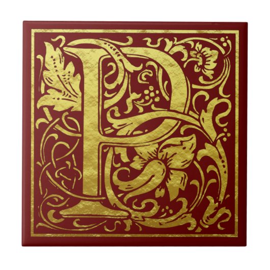 Letter P First Letter Faux Gold Red Tegeltje (Voorkant)