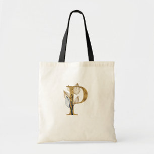 *~* Letter P Gold Monogram Initiaal Black Leaves Tote Bag