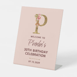 Letter P Gouden Monogram Blush Roze Rozen Bord Reclamebord Met Voetstuk