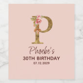 Letter P Gouden Monogram Roze Rozen Wijn Etiket (Enkel label)