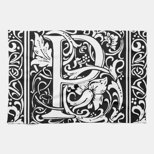 Letter P Middeleeuwse Monogram Art Nouveau Theedoek (Horizontaal)