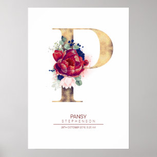 Letter P Monogram Bloemendecor Navyblauw en Burgun Poster