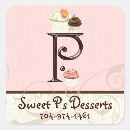 Letter P Monogram Dessert Bakkerij Visitekaartjes Vierkante Sticker (Voorkant)