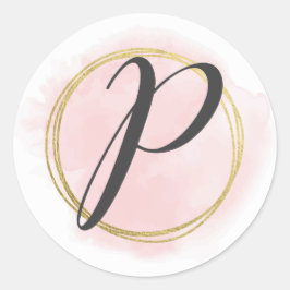Letter P Monogram Roze Roze Waterverf Goud Chic Ronde Sticker