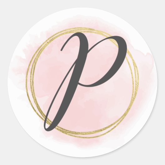 Letter P Monogram Roze Roze Waterverf Goud Chic Ronde Sticker (Voorkant)