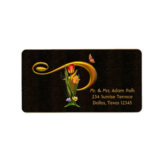 Letter P Monogram Tulpen Vlinder Adresetiketten Etiket (Voorkant)