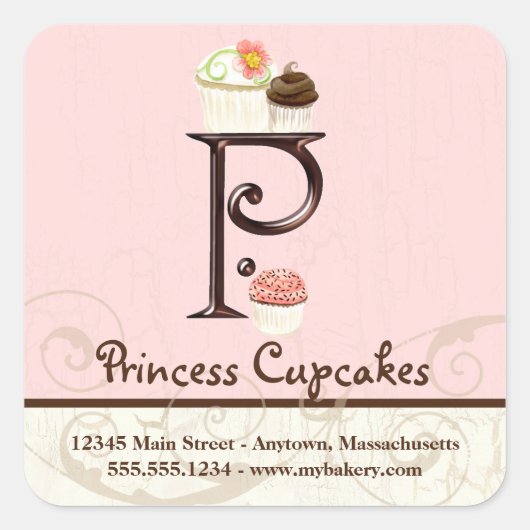 Letter P Monogram Waterverf Cupcake Logo Box Vierkante Sticker (Voorkant)