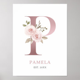 Letter P Monogram Waterverf Roos Bloemen Kwekerij Poster