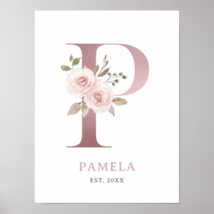 Letter P Monogram Waterverf Roos Bloemen Kwekerij Poster
