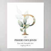 Letter P New Baby Monogram Birth Print Greenery (Voorkant)