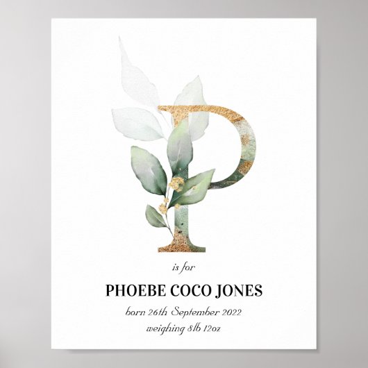 Letter P New Baby Monogram Birth Print Greenery (Voorkant)