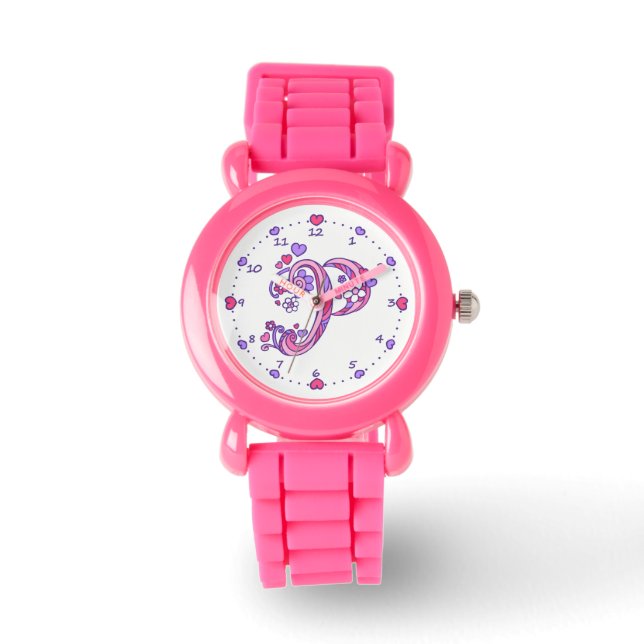 Letter P roze monogram gepersonaliseerde meisjes h Horloge (Voorkant)