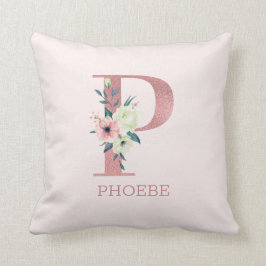 Letter P Roze Waterverf Bloemen Monogram Kwekerij Kussen