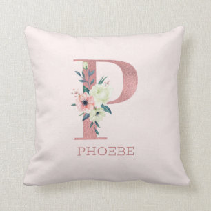 Letter P Roze Waterverf Bloemen Monogram Kwekerij Kussen