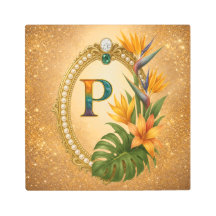 Letter P Tropical Monogram Gold Metal Wall Art