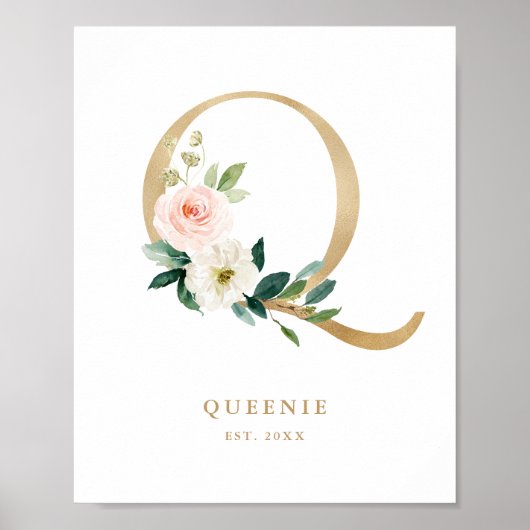 Letter Q Blush Floral Monogram Gold Foil Nursery Poster (Voorkant)