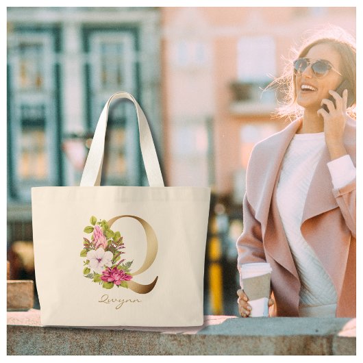 Letter Q Elegant Gold Floral Monogram Grote Tote Bag