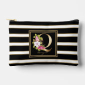 Letter Q Floral Monogram Zwart Wit Goud Strepen Etui (Voorkant)