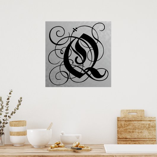 Letter Q, Gothic Monogram Black Poster (Keuken)