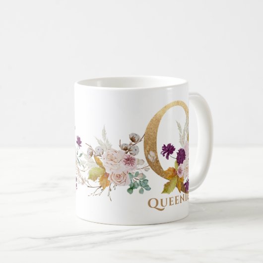 Letter Q - Gouden bloem naam zus collega vriend Koffiemok (Voorkant rechts)