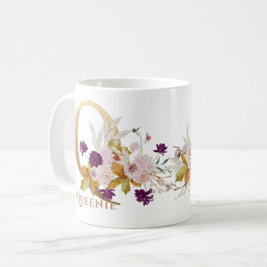 Letter Q - Gouden bloem naam zus collega vriend Koffiemok (Voorkant links)