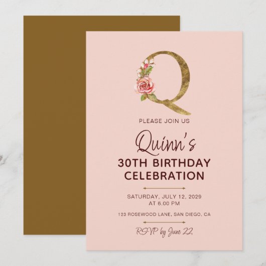 Letter Q Gouden Monogram Roze Rozen Kaart (Voorkant / Achterkant)