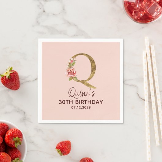 Letter Q Gouden Monogram Roze Rozen Servet (Insitu)