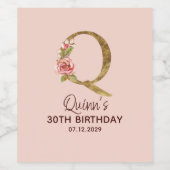 Letter Q Gouden Monogram Roze Rozen Wijn Etiket (Enkel label)
