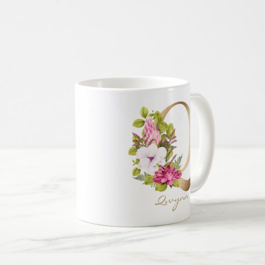 Letter Q Gouden Monogram Roze Witte Magenta Bloeme Koffiemok (Voorkant rechts)