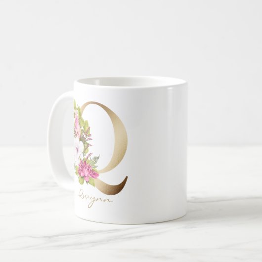 Letter Q Gouden Monogram Roze Witte Magenta Bloeme Koffiemok (Voorkant links)