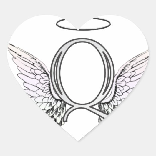 Letter Q Initiaal Monogram met Angel Wings & Halo Hart Sticker (Voorkant)