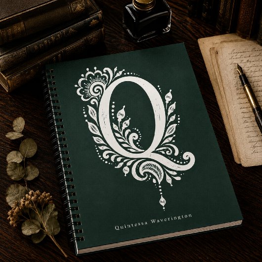 Letter Q Linocut Botanische Monogram Notitieboek