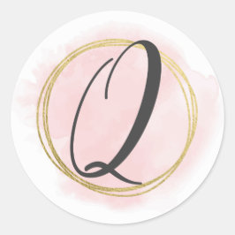 Letter Q Monogram Roze Roze Waterverf Goud Chic Ronde Sticker