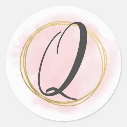 Letter Q Monogram Roze Roze Waterverf Goud Chic Ronde Sticker (Voorkant)