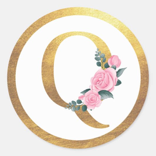 Letter Q Monogram Roze Rozen Bloemen & Elegant Gou Ronde Sticker (Voorkant)