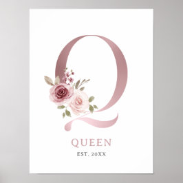 Letter Q Monogram Waterverf Roos Bloemen Kwekerij Poster