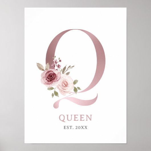 Letter Q Monogram Waterverf Roos Bloemen Kwekerij Poster (Voorkant)