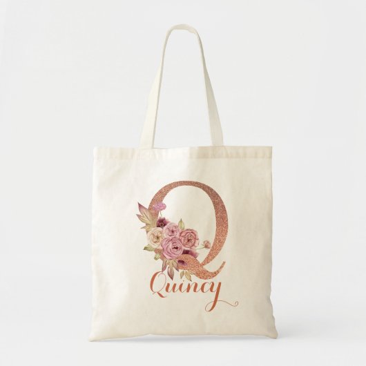 Letter Q Roze Glitter Bloemige Monogram Tote Bag (Voorkant)