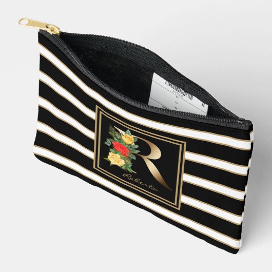 Letter R Bloemmonogram Zwart Wit Gouden Strepen Etui (Open)