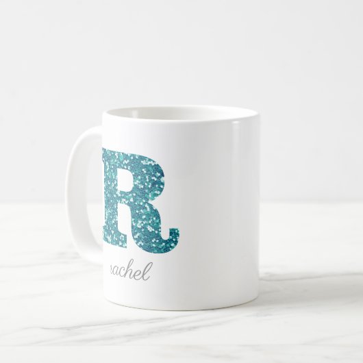 Letter R Blue Sparkly Personalized Mug Koffiemok (Voorkant links)