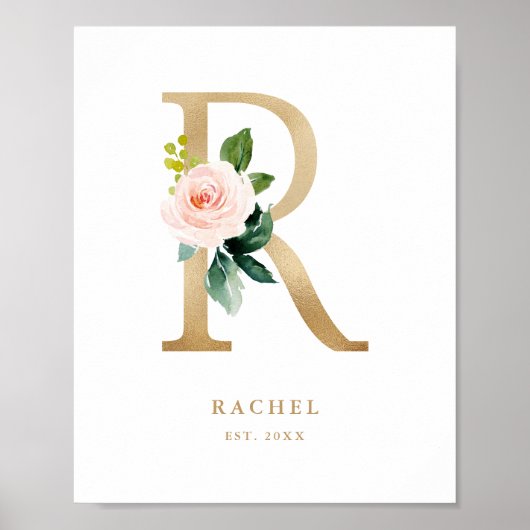 Letter R Blush Floral Monogram Gold Foil Nursery Poster (Voorkant)
