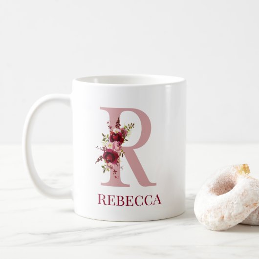 Letter R Bourgogne Blush Bloemen Koffiemok (Met donut)