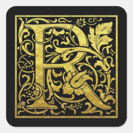 Letter R Eerste letter Faux Goud Zwart Vierkante Sticker