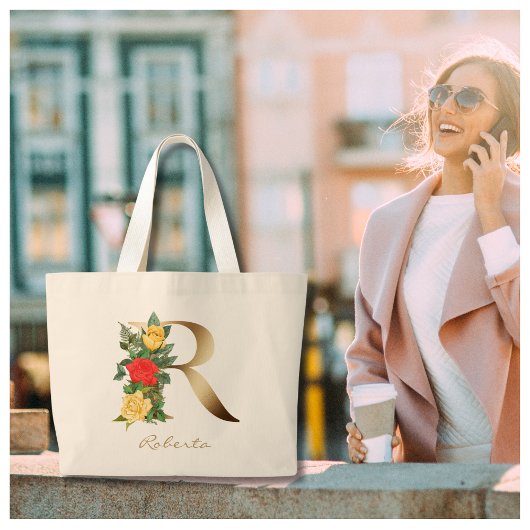 Letter R Elegant Floral Gold Monogram Grote Tote Bag