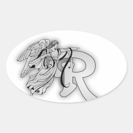Letter R Engel Monogram Initiaal Ovale Sticker (Voorkant)