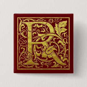 Letter R First Letter Faux Gold Red Vierkante Button 5,1 Cm
