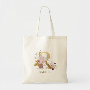 Letter R - Gold Floral Name Tote Bag