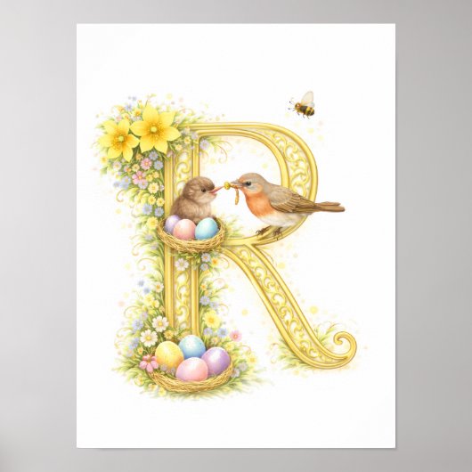 Letter R Gold Spring Nature Monogram Robins Kids  Poster (Voorkant)