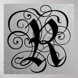 Letter R, Gothic Monogram Black Poster